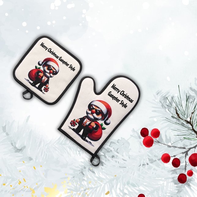 Merry Christmas Gangster Style | Oven Mitt & Pot Holder Set (Creator Uploaded)