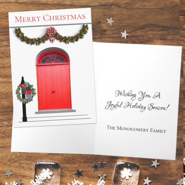 Merry Christmas Garland Mailbox Wreath Red Door Holiday Card (Creator Uploaded)