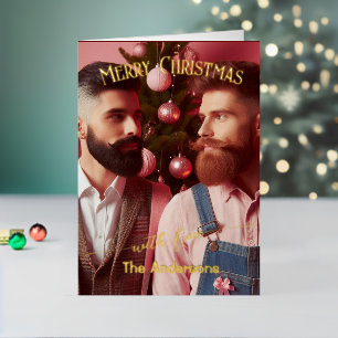 Merry Christmas Gay Retro Pink   Custom Photo  Foil Holiday Card
