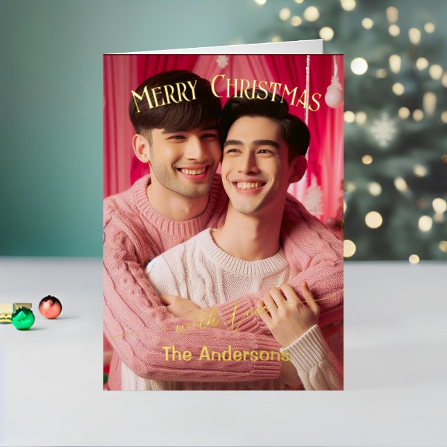 Merry Christmas Gay Retro Pink | Custom Photo  Foil Holiday Card (Holiday In Situ 2)
