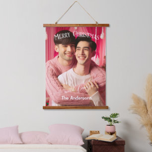Merry Christmas Gay Retro Pink   Custom Photo  Hanging Tapestry
