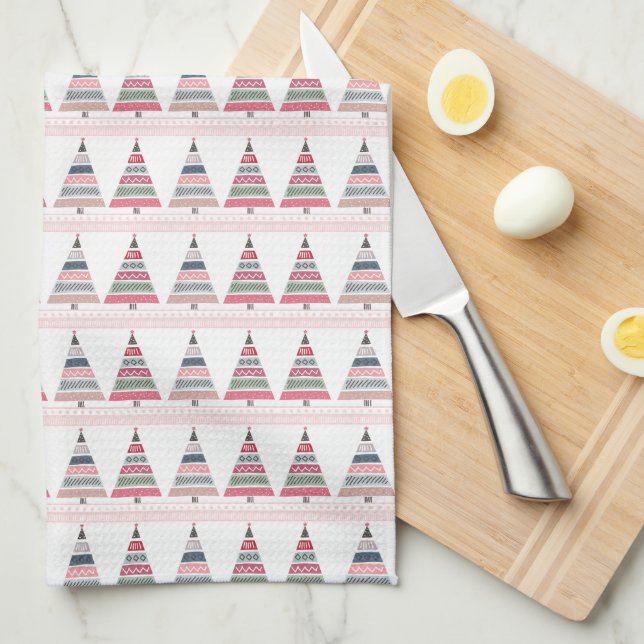 Merry Christmas Geometric Pastel Tree Pattern Tea Towel (Quarter Fold)