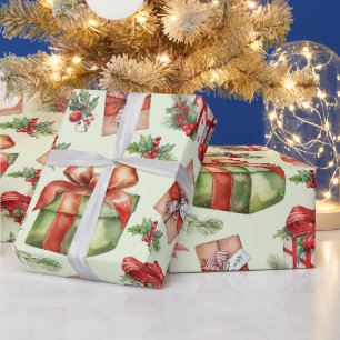 Merry Christmas Gift Box Holly Berries Red Bow Wrapping Paper