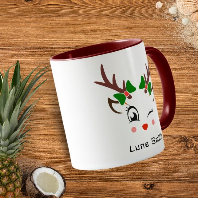 Merry Christmas Gift Cute Deer Faces Maroon Coffee Mug (Creator Uploaded)
