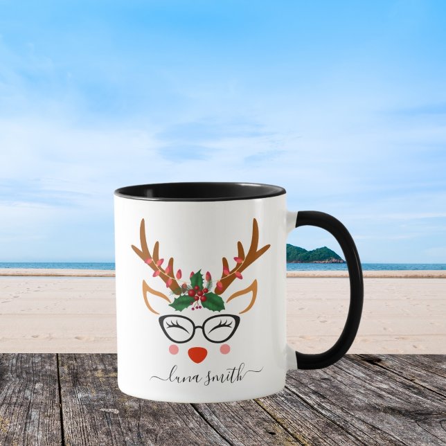 Merry Christmas Gift Cute Reindeer Faces Black Mug (Creator Uploaded)