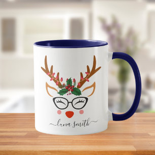 Merry Christmas Gift Cute Reindeer Faces Navy Blue Mug