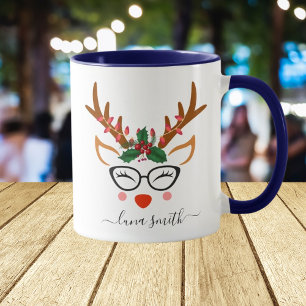 Merry Christmas Gift Cute Reindeer Faces Navy Blue Mug