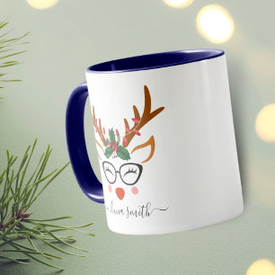 Merry Christmas Gift Cute Reindeer Faces Navy Blue Mug