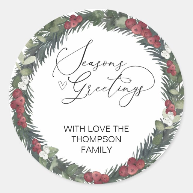 Merry Christmas Gift Label Greenery Wreath Sticker (Front)
