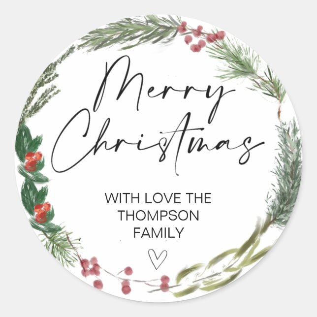Merry Christmas Gift Label Greenery Wreath Sticker (Front)