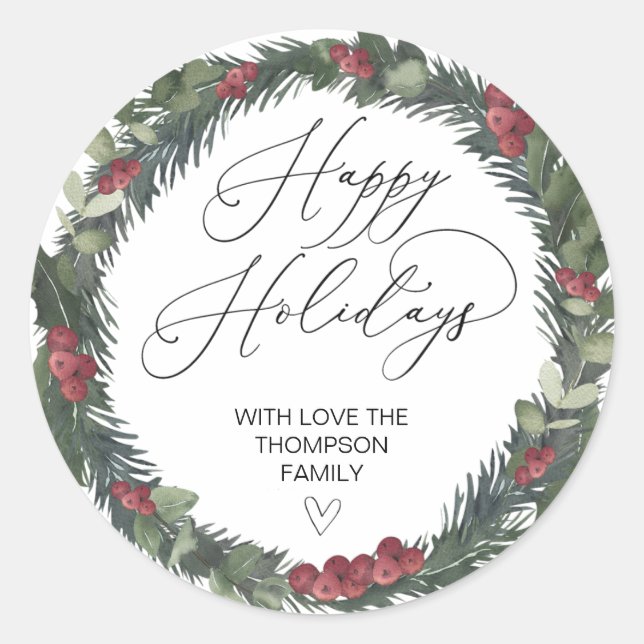 Merry Christmas Gift Label Greenery Wreath Sticker (Front)