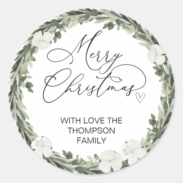 Merry Christmas Gift Label Greenery Wreath Sticker (Front)