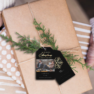 Merry Christmas Gift Photo Black Grey Gold Snow Gift Tags