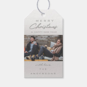 Merry Christmas Gift Photo Cottage Grey Gold Snow Tags