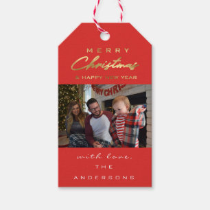 Merry Christmas Gift Photo Red Gold Snowflakes Tags