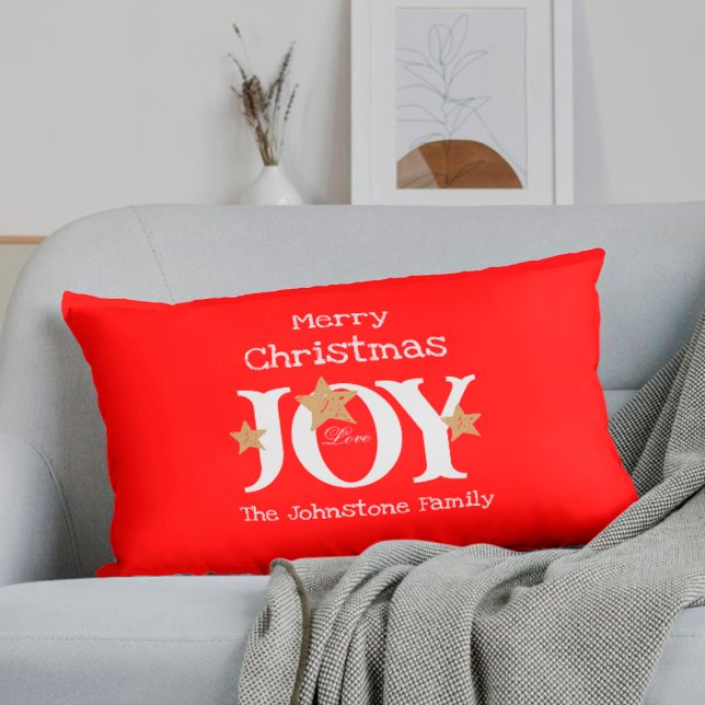 Merry Christmas Gift Script Rustic Red Holiday Lumbar Cushion (These bright and cheerful Christmas red lumbar pillows are sure to get everyone in a holidays mood.)