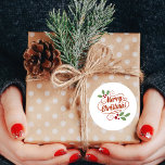 Merry Christmas Gift Sticker<br><div class="desc">Create stickers to label your Christmas holiday homemade goods,  cookies,  candy,  treats,  party favours and more featuring a stylish,  modern watercolor of green holly and red berries on a pale ivory stripe background and your message in chic lettering.</div>