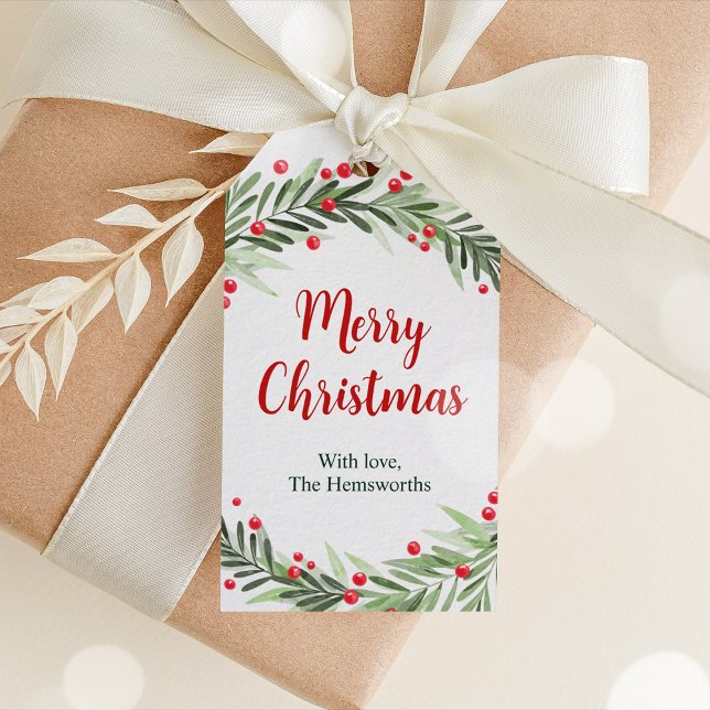 Merry Christmas Gift Tag, Christmas Wreath Tag (Merry Christmas Greenery Gift Tag)