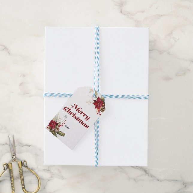 Merry Christmas Gift tag with holly and poinsettia (With Twine)