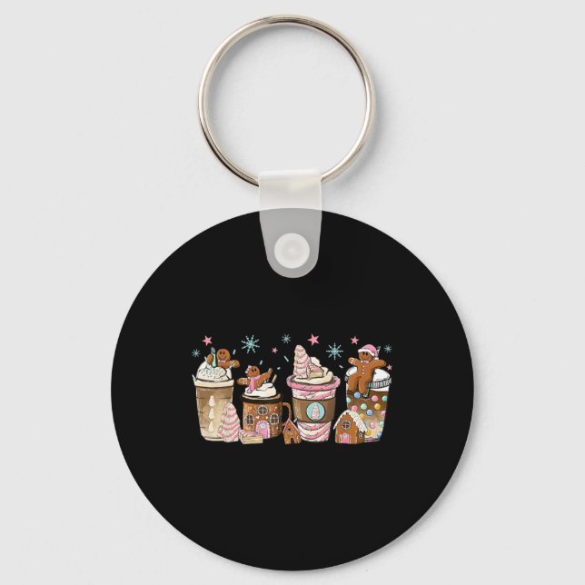 Merry Christmas Gingerbread Cookie Coffee Cups Lat Key Ring (Front)