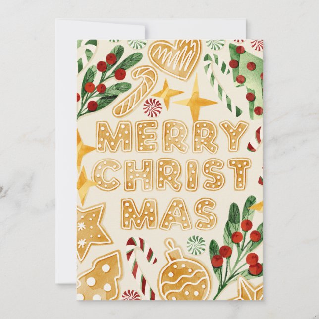 Merry Christmas Gingerbread Cookies Lettering Holiday Card (Front)