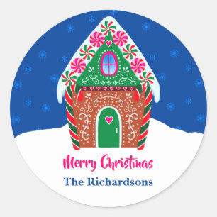 Merry Christmas Gingerbread House Night Blue Classic Round Sticker