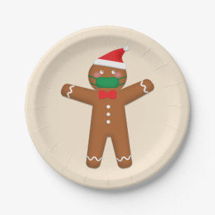 Merry Christmas Gingerbread Man in Face Mask 2020 Paper Plate