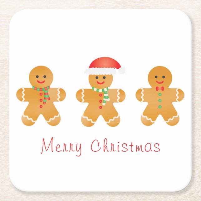Merry Christmas Gingerbread Men Santa Hat Square Paper Coaster (Front)