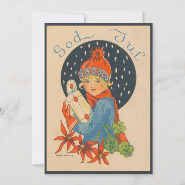 Merry Christmas - girl, old Swedish vintage Holiday Card (Front)
