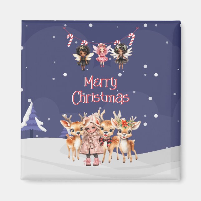 Merry Christmas Girl Reindeer Candy Cane Fairies Magnet (Front)