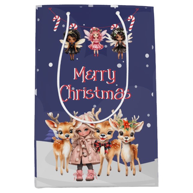 Merry Christmas Girl Reindeer Candy Cane Fairies Medium Gift Bag (Front)