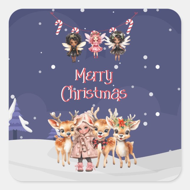 Merry Christmas Girl Reindeer Candy Cane Fairies Square Sticker (Front)