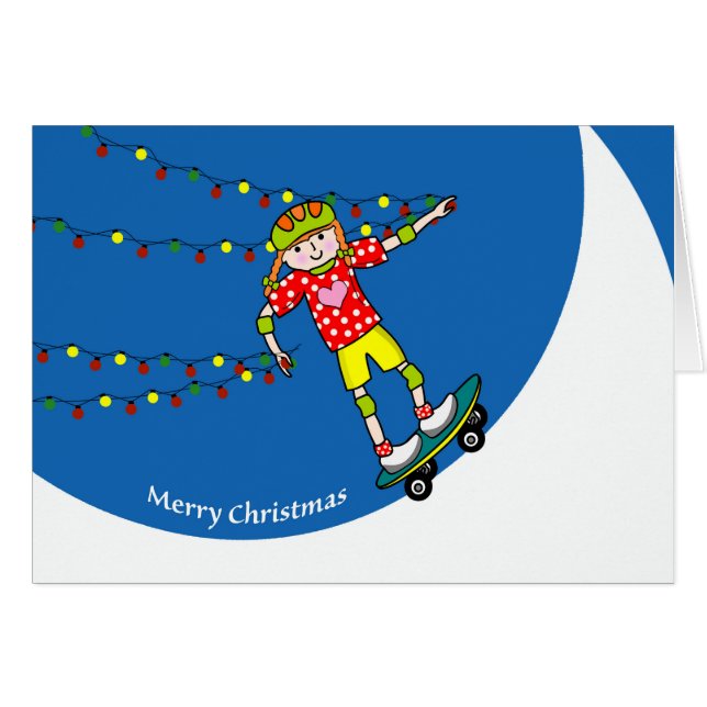 Merry Christmas, Girl Skateboarder with Lights (Front Horizontal)