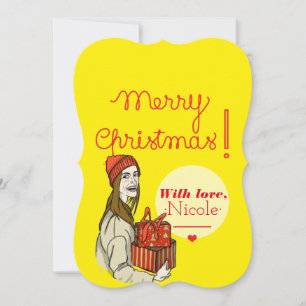 Merry Christmas girl with presents yellow Holiday  Card