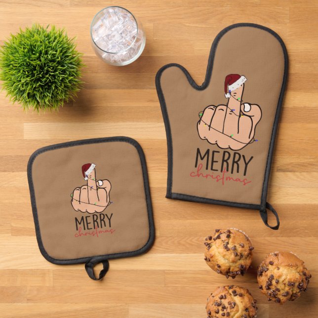 Merry Christmas Giving the Finger Oven Mitt & Pot Holder Set (Top Down)