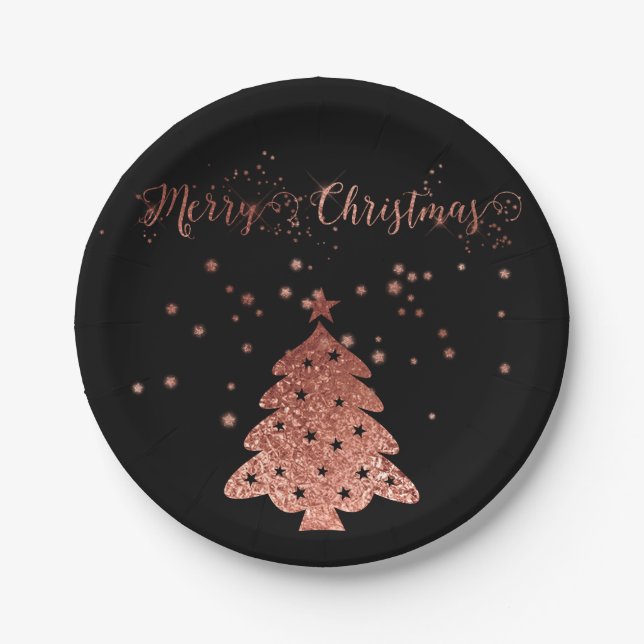 Merry Christmas Glam and Glitter Pink and Black Paper Plate (Front)