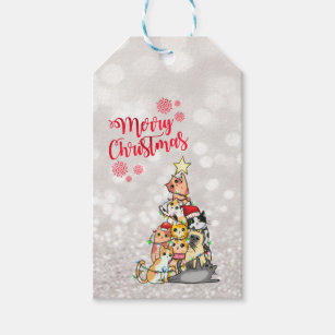 Merry Christmas,Glitter Bokeh,Cute Cats Pine Tree Gift Tags