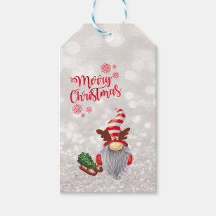 Merry Christmas,Glitter Bokeh,Cute Gnome Sleigh Gift Tags