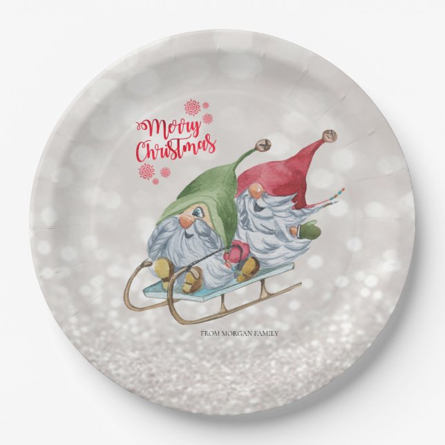 Merry Christmas,Glitter Bokeh,Cute Gnomes Sleigh  Paper Plate (Front)