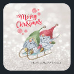 Merry Christmas,Glitter Bokeh,Cute Gnomes Sleigh Square Sticker<br><div class="desc">Adorable cute gnomes on sleigh and glittery bokeh background.</div>