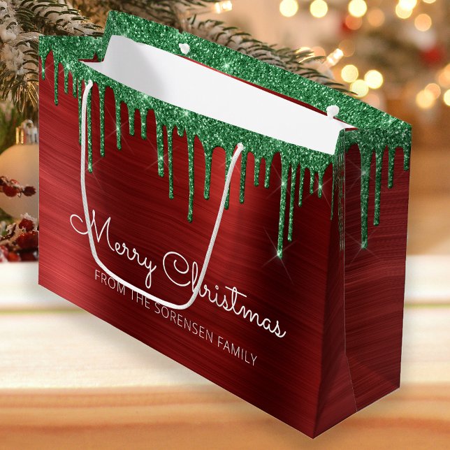 Merry Christmas Glitter Drips Red Green Glam Large Gift Bag (Creator Uploaded)