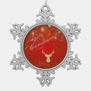 Merry Christmas, Glitter Reindeer Snowflake Pewter Christmas Ornament
