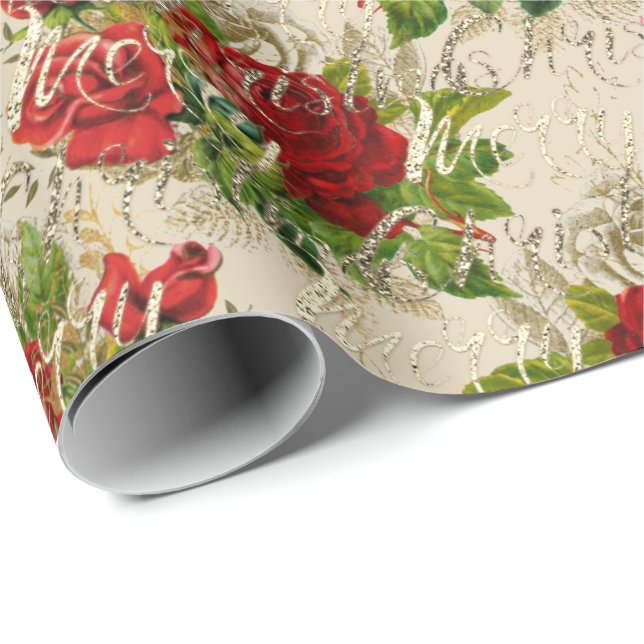 Merry Christmas Glitter Script Rose Gold Red Ivory Wrapping Paper (Roll Corner)