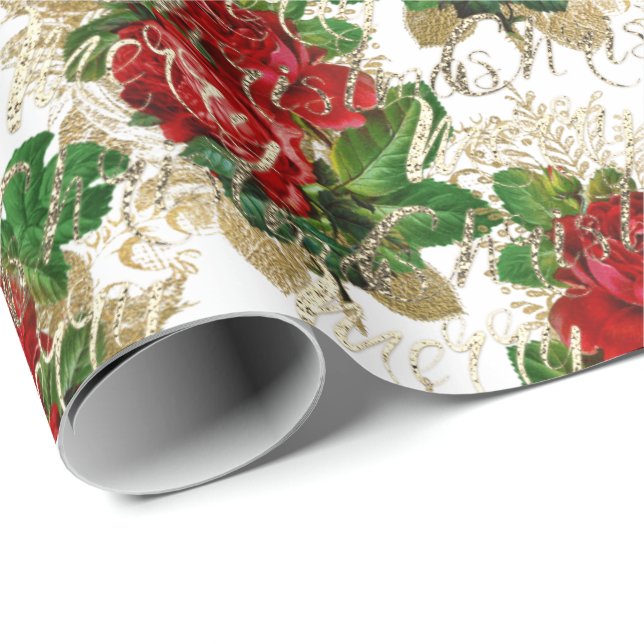 Merry Christmas Glitter Script Rose Gold Red White Wrapping Paper (Roll Corner)