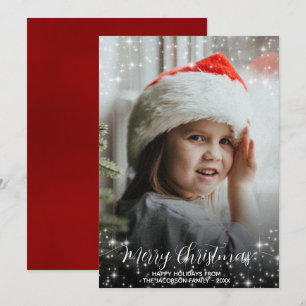 Merry Christmas Glitter Stars Photo Overlay Red Holiday Card
