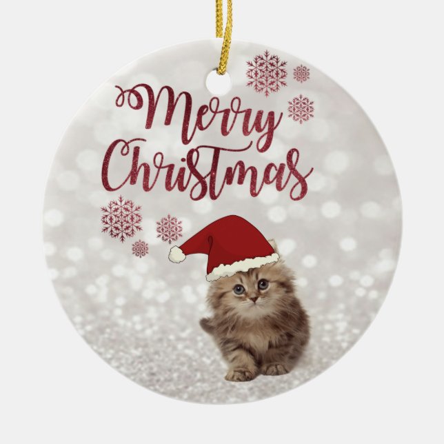Merry Christmas,Glittery Bokeh,Cat With Santa Hat Ceramic Tree Decoration (Front)