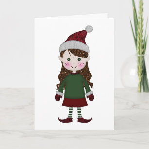 Merry Christmas Glittery Elf Girl Winter Red Green Holiday Card