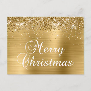Merry Christmas Glittery Golden Foil Holiday Postcard