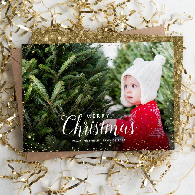 Merry Christmas | Glitz Faux Glitter Photo Overlay Holiday Card (Creator Uploaded)
