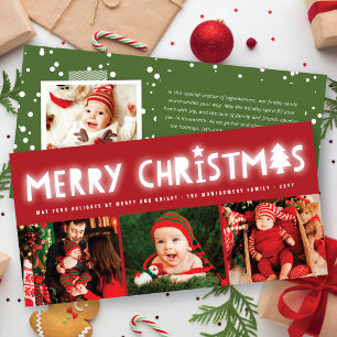 Merry Christmas Glow Whimsical Tree Modern 3 Photo Holiday Card